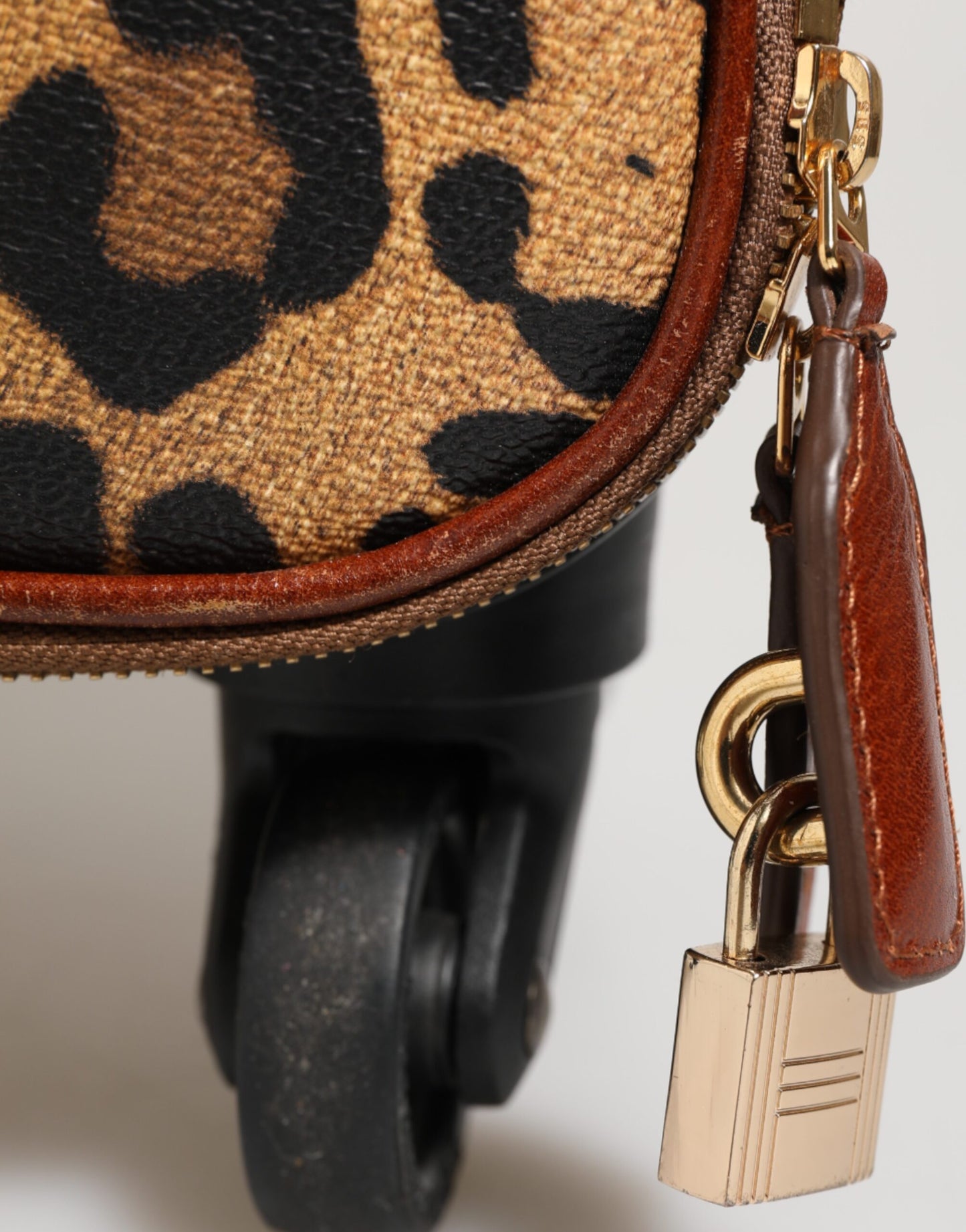 Brown Leopard Print Leather Trolley Travel Wheel Suitcase Bag