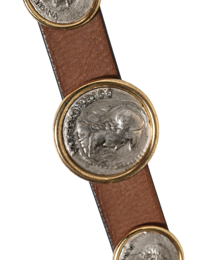 Brown Leather Gold Silver Coin Buckle Belt