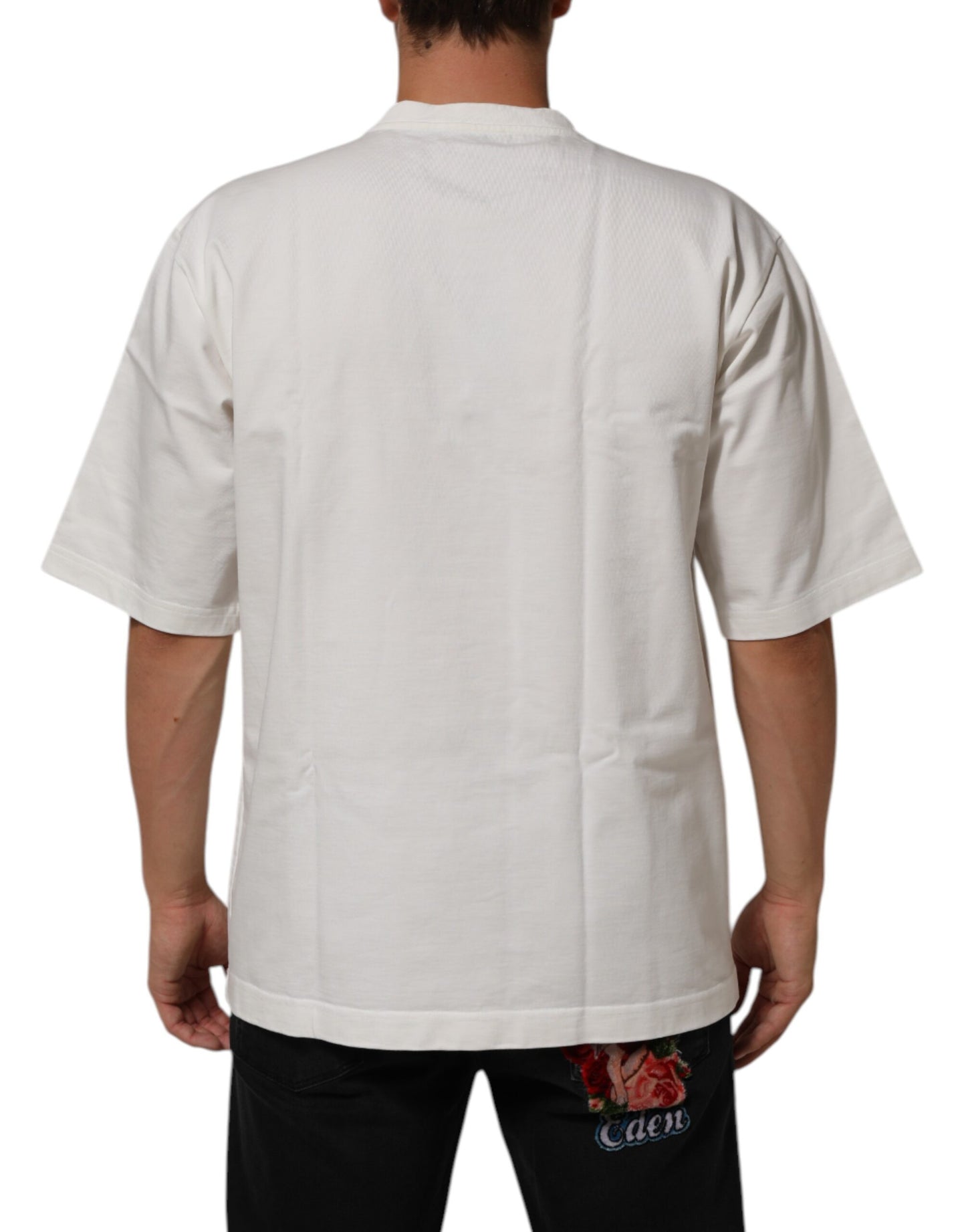 White Cotton Logo Print Crew Neck Men T-shirt