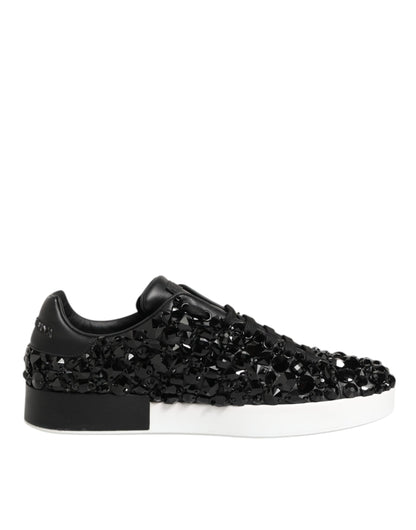 Black Leather Crystal Low Top Sneaker Shoes