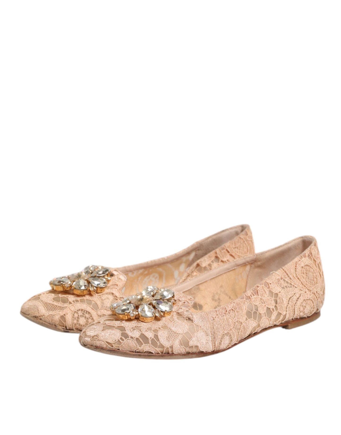 Beige Taormina Lace Crystals Flats Shoes