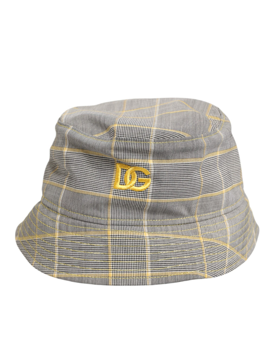 Gray Yellow Wool Blend Plaid Bucket Cap Men Hat