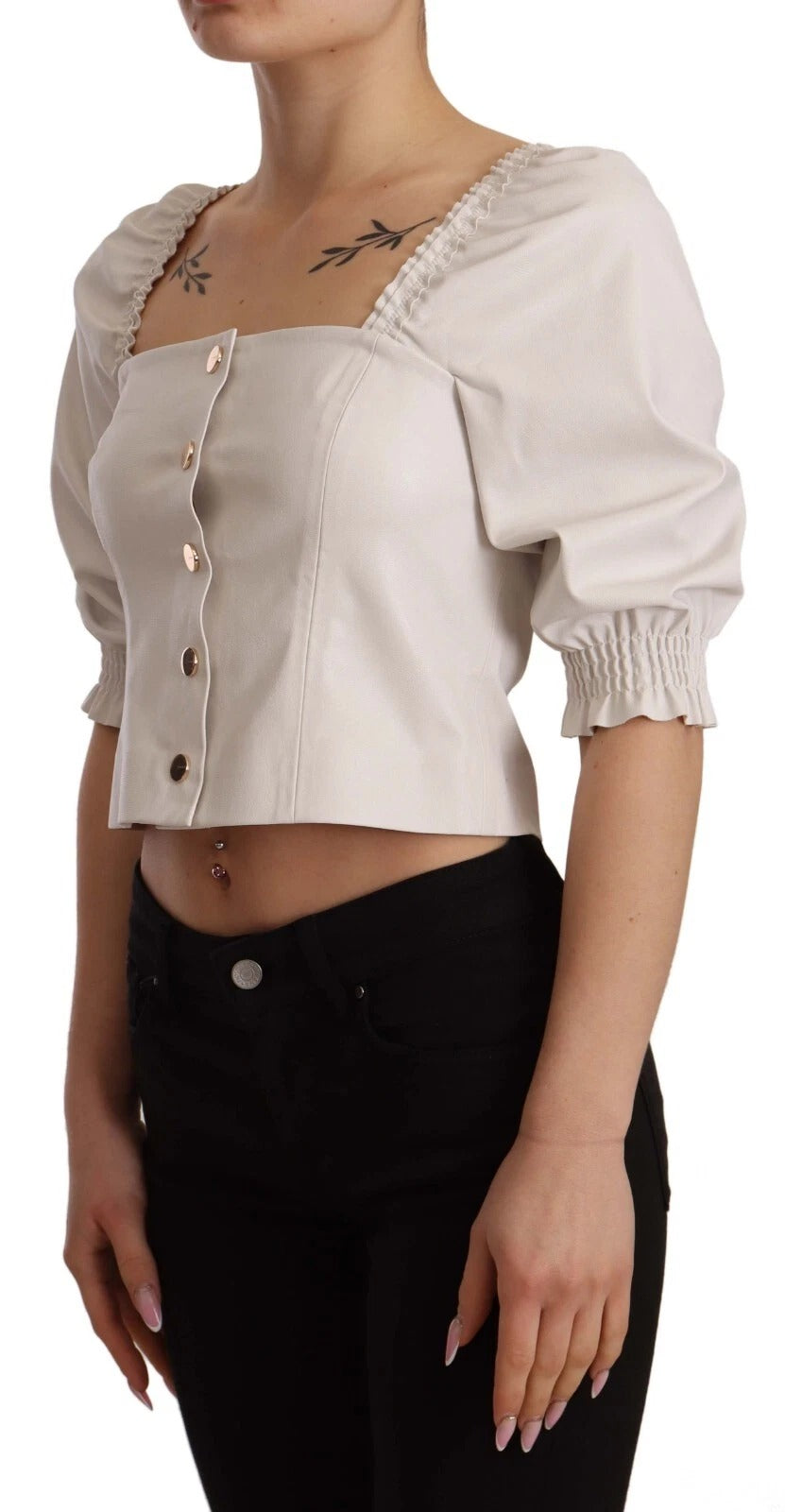 White Square Neck Button Down Crop Blouse