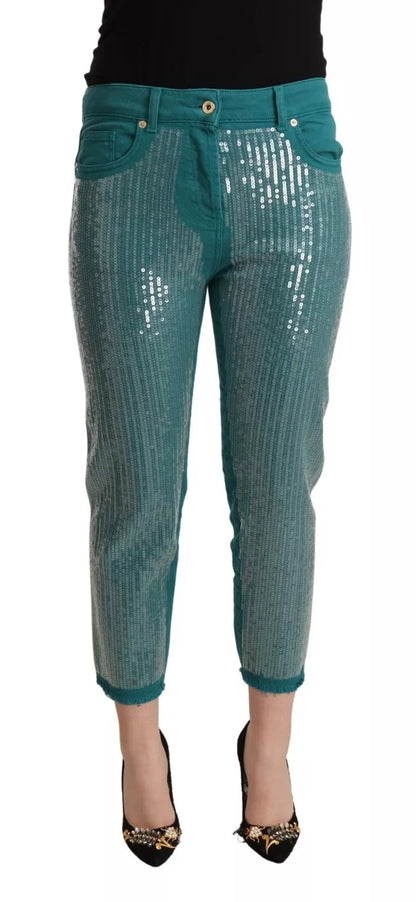 Cadet Blue Sequined Low Waist Cropped Trouser Pants