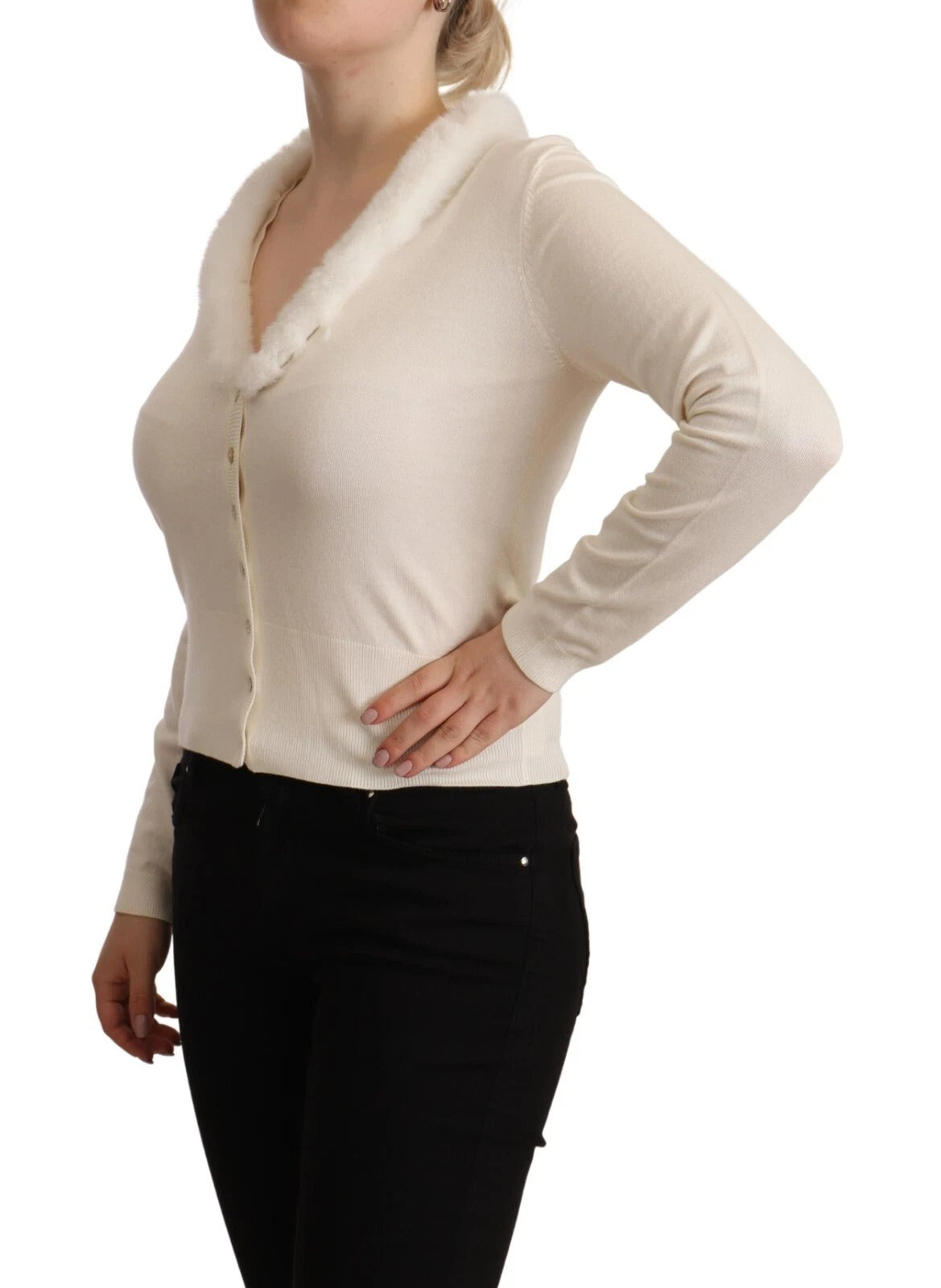 White Viscose Long Sleeves Fur Shearling Blouse