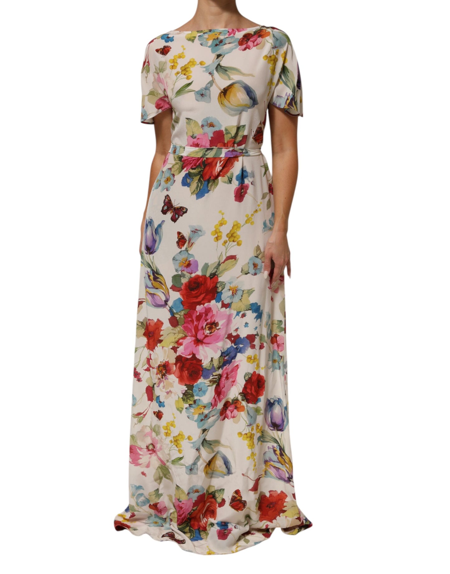 White Floral Print Silk Sheath LongGown Dress