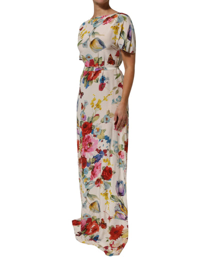 White Floral Print Silk Sheath LongGown Dress