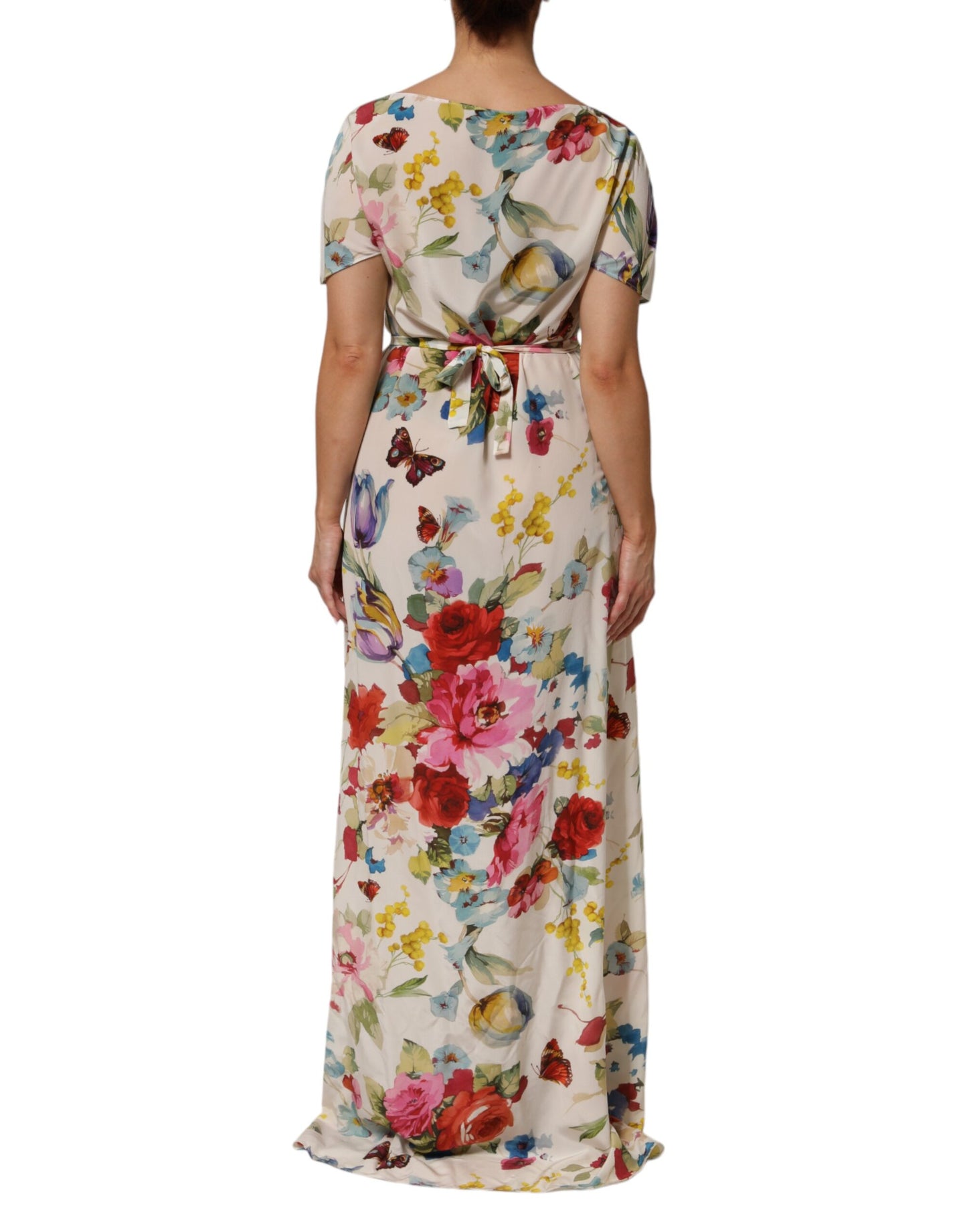 White Floral Print Silk Sheath LongGown Dress