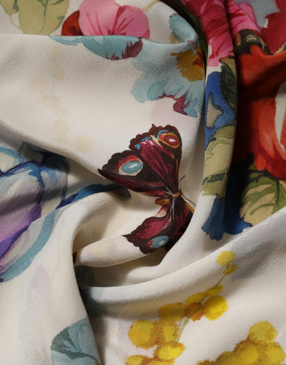 White Floral Print Silk Sheath LongGown Dress