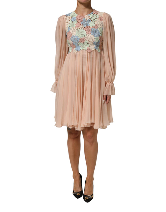 Pink Floral Embroidery Pleated A-line Dress