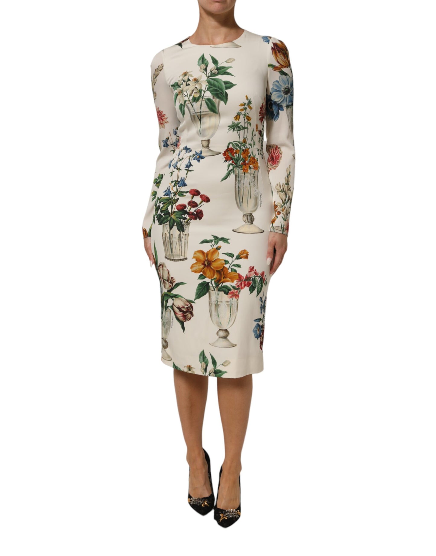 White Flower Vase Silk Sheath Midi Dress