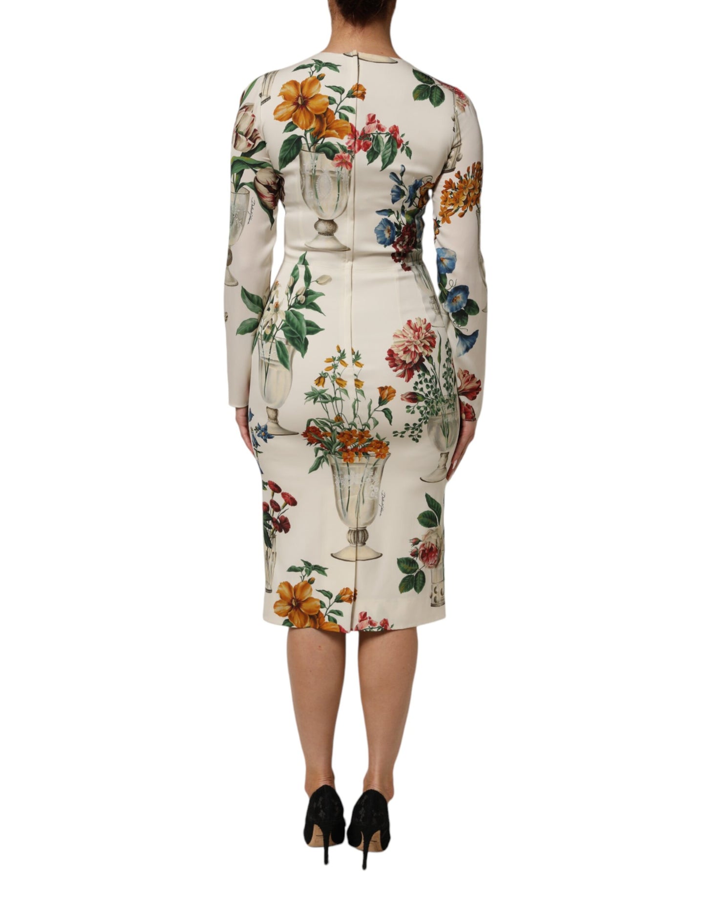 White Flower Vase Silk Sheath Midi Dress