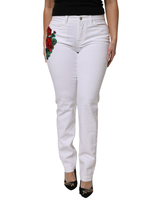 White GIRLY Floral Embroidery Denim Jeans
