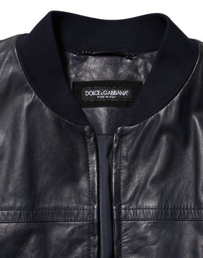 Blue Leather Full Zip Biker Blouson Jacket