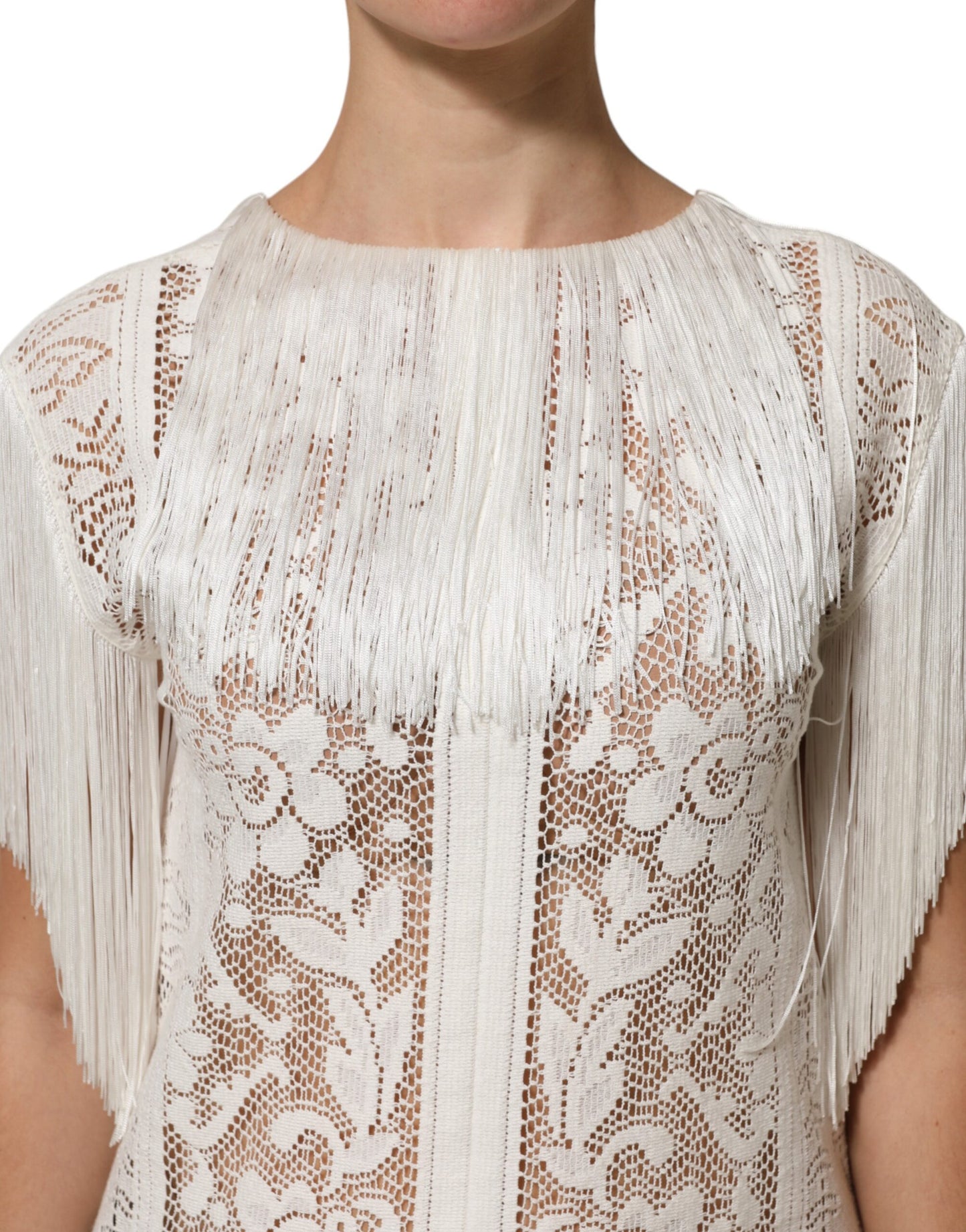 White Floral Lace Fringe Knee Length Dress