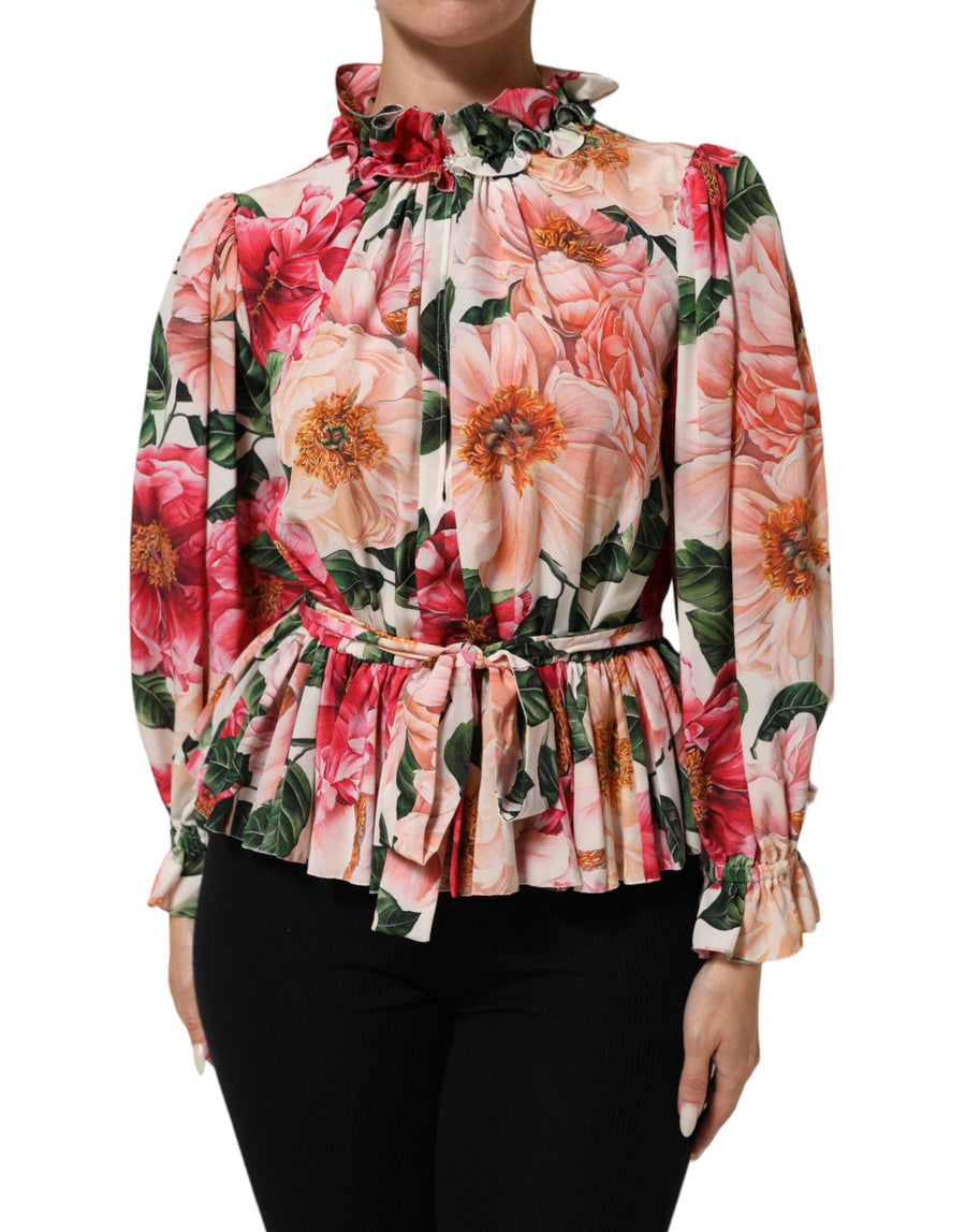 Pink Floral Printed Silk Ruffled Blouse Top