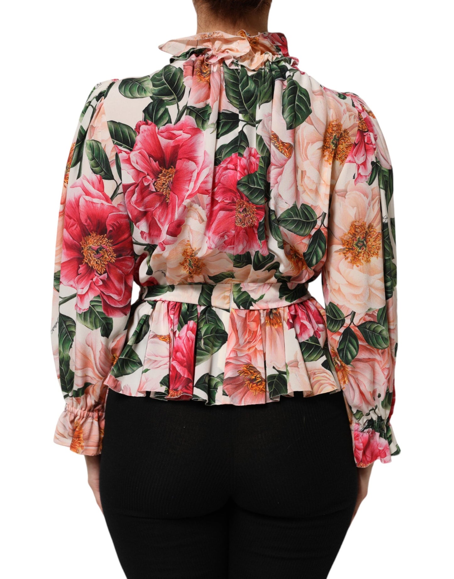 Pink Floral Printed Silk Ruffled Blouse Top