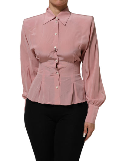 Pink Silk Collared Long Sleeves Blouse Top