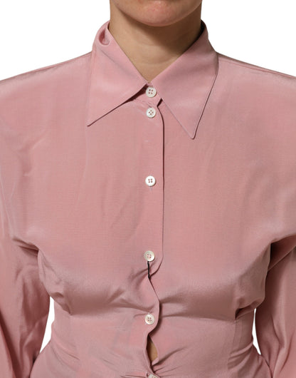 Pink Silk Collared Long Sleeves Blouse Top